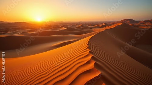 Golden desert dunes illuminated by a breathtaking sunset, rippling sands forming intricate patterns, with long shadows emphasizing the vast and endless landscape.