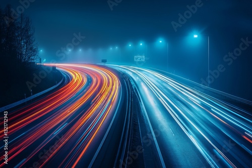 Abstract automotive light trails on a highway under twilight sky during motion blur
