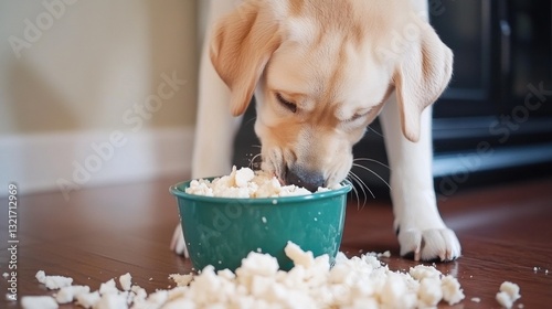 Adorable yellow lab puppy eagerly eating from its bowl.