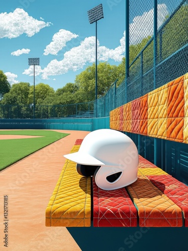 Wallpaper Mural baseball helmet rests on a bench with baseball field in background Torontodigital.ca