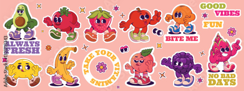 Fruit characters. Cartoon retro vegetable stickers. Funny comic avocado and strawberry. Happy vintage food groovy elements. Grocery labels. Walking banana and tomato. Vector mascots set