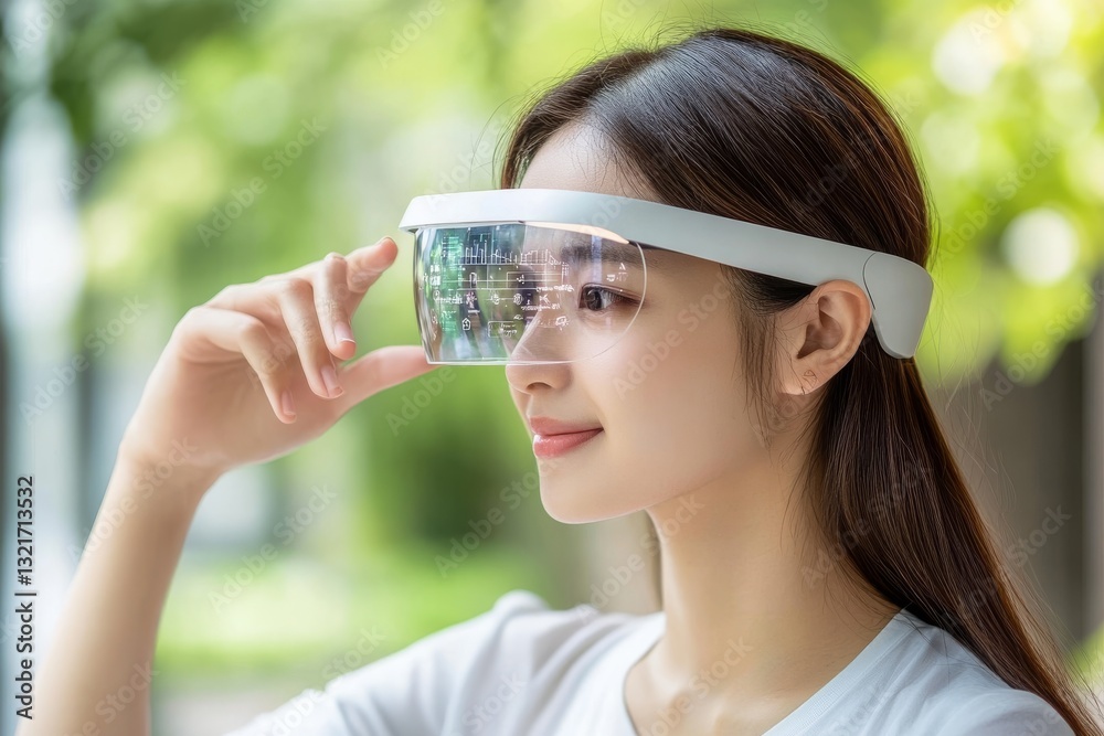 Young Woman Using Futuristic Smart Glasses Outdoors Young Woman Using Futuristic Smart Glasses Outdoors