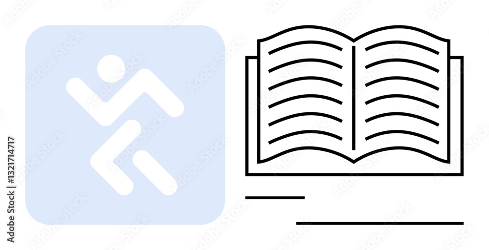 Fototapeta premium Abstract human figure in motion next to an open book with visible pages. Ideal for education, self-improvement, goal setting, fitness, creativity, personal development, motivation. Flat simple
