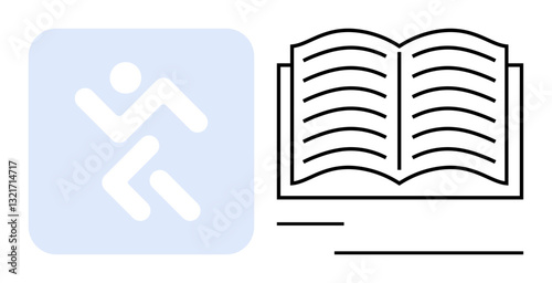 Abstract human figure in motion next to an open book with visible pages. Ideal for education, self-improvement, goal setting, fitness, creativity, personal development, motivation. Flat simple