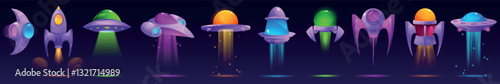 Space ship. Alien rocket, spaceship or ufo game jet. Light galaxy interface, different childish ui shuttle. Colorful vehicles for galactic explore. 3d glossy isolated vector cartoon set
