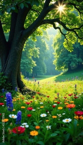 Wildflower meadow, lush greenery, ancient trees , vibrant, foliage