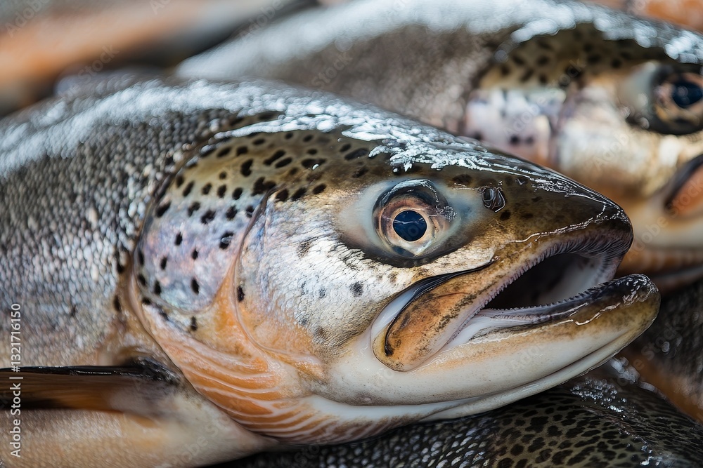 Fresh trout stacked gleaming with scales closeup Fresh trout stacked gleaming with scales closeup