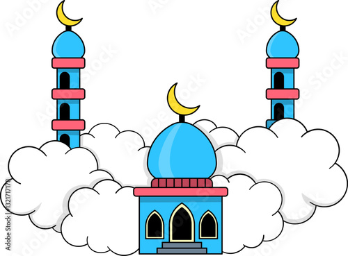 Beautiful Ramadan Mosque with Crescent Moon and Clouds Illustration