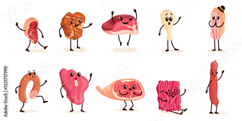 Cartoon meat characters. Funny raw minced meats mascots, pork beef ham snag slice wurst sausages salami chicken leg food funny character with face and hands set vector illustration original artwork