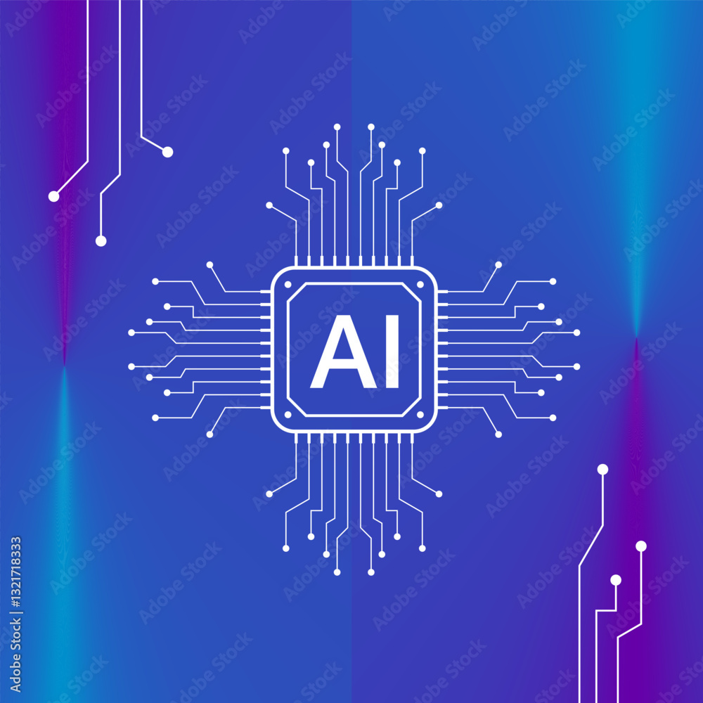 Fototapeta premium Futuristic AI chip embedded with intricate circuits, against a high-tech blue abstract background, symbolizing advanced artificial intelligence and cutting-edge technology