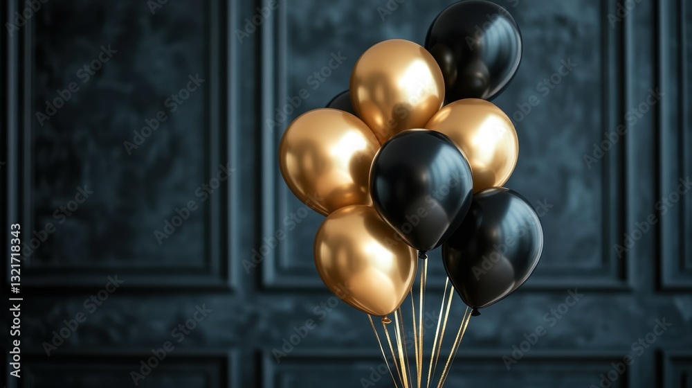 Naklejka premium Gold and Black Metallic Balloons Against Dark Panelled Background
