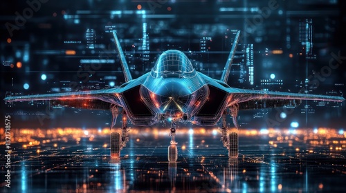 Futuristic stealth fighter jet on digital runway.