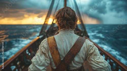 Sunset Voyage: A lone sailor on an antique sailing ship navigating the vast ocean during a breathtaking sunset, a scene of adventure and serenity.