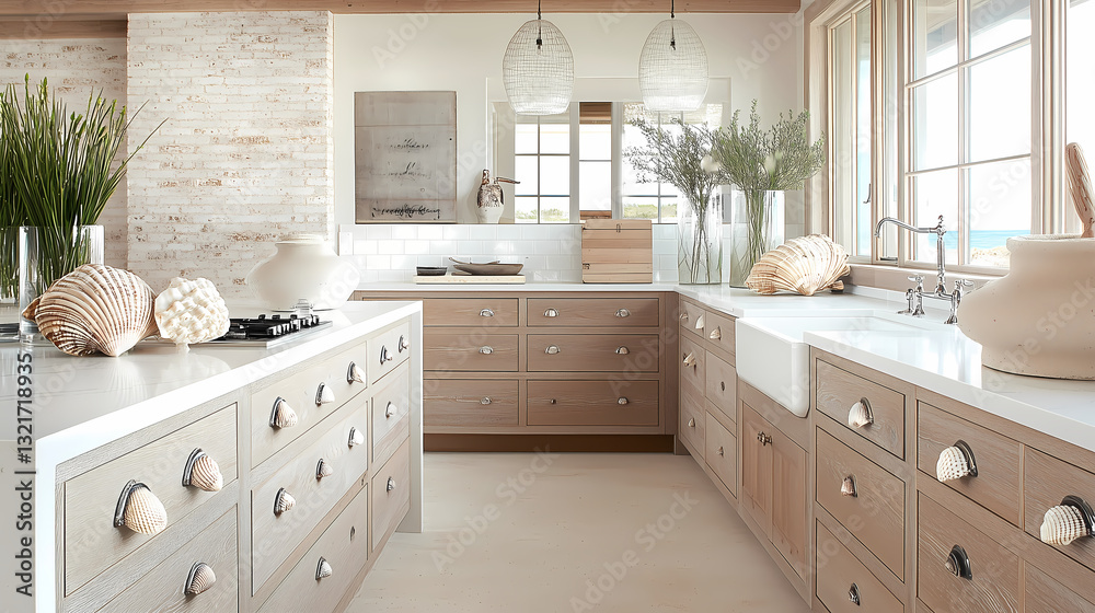 Fototapeta premium Coastal kitchen with seashell drawer handles, whitewashed brick walls, and large glass jars filled with beach sand