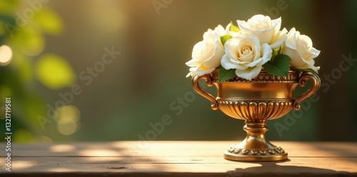 Gilded urn, delicate white roses, soft sunbeams, light, luxury, funeral home