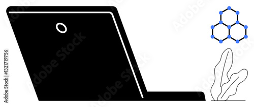 Laptop silhouette with molecular diagram and abstract plant, merging technology, science, and nature. Ideal for digital innovation, sustainability, research, ecology, bioinformatics eco-tech flat