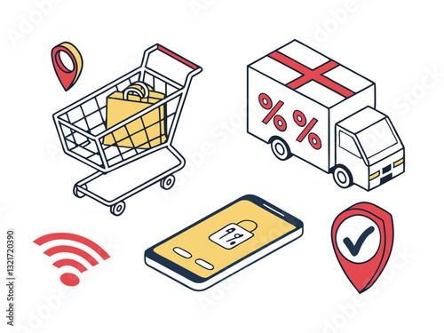 E-commerce Essentials: An isometric illustration showcases the core elements of online shopping, including a shopping cart, delivery truck, smartphone, and location pins.