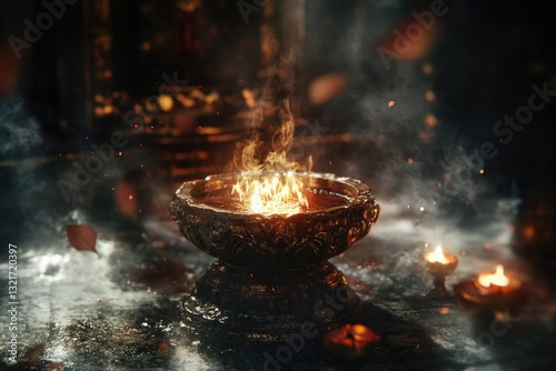 A lit candle in a metal bowl with smoke, often used for atmospheric lighting or decorative purposes
