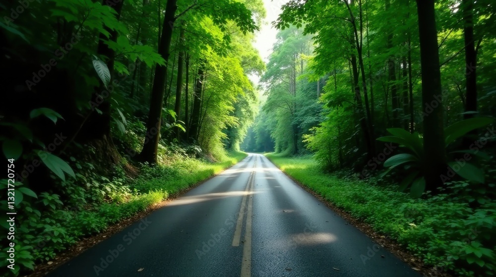 Obraz premium Serene Forest Road A Sunlit Path Through Lush Green Canopy, Leading to Tranquil Destination