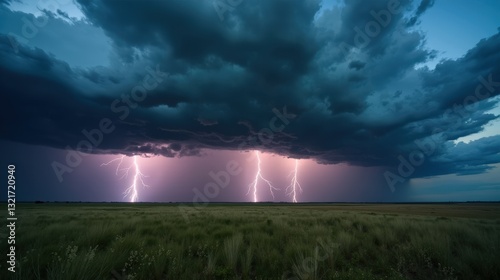 A powerful thunderstorm rolls over an open prairie, dark storm clouds swirling as streaks of lightning illuminate the dramatic, moody sky in this intense scene.