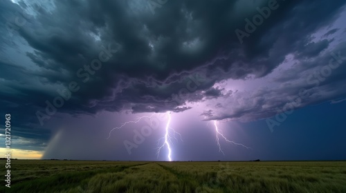 A powerful thunderstorm rolls over an open prairie, dark storm clouds swirling as streaks of lightning illuminate the dramatic, moody sky in this intense scene.