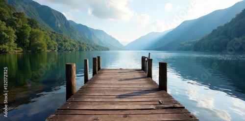 Rustic wooden landing stage on Derwentwater lake , peaceful, view, wooden