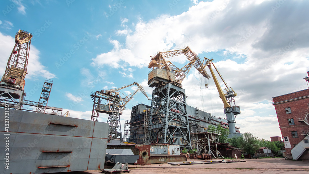The construction of a large ship on a shipyard with cranes timelapse. The construction of a large ship on a shipyard with cranes timelapse.