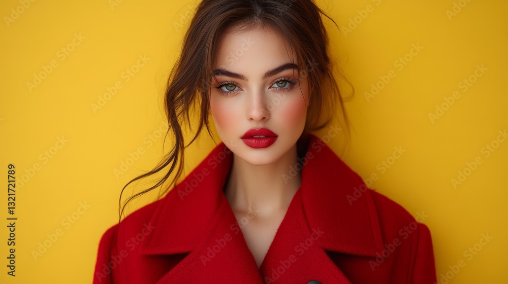 Chic model showcases bold fashion statement against vibrant yellow backdrop Chic model showcases bold fashion statement against vibrant yellow backdrop