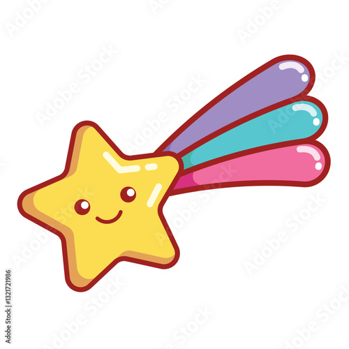 Cute smiling yellow cartoon child star. Cartoon smiling comet with a multicolored tail