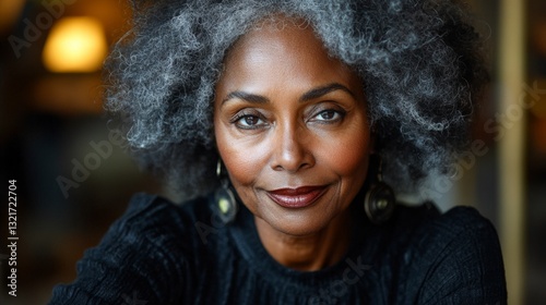 Ethereal older African American woman with radiant mahogany skin and detailed textures showcasing beauty and grace