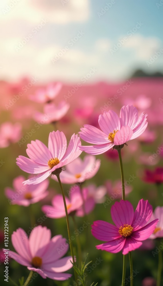 Pink cosmos flowers sway gently in a summer field , tranquil, outdoor Pink cosmos flowers sway gently in a summer field , tranquil, outdoor