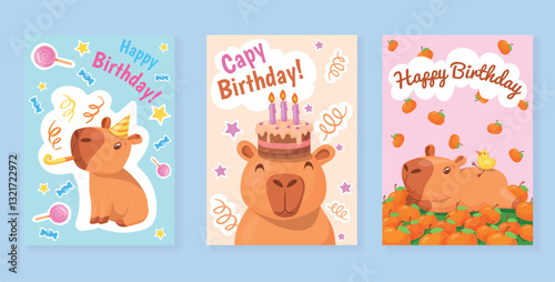 Capybara cards. Capybaras birthday party greeting card invitation posters, cute kawaii funny capibara baby animals characters child mascot cartoon drawing neat vector illustration