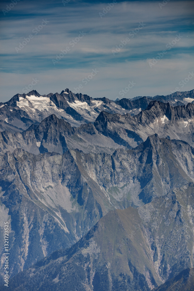 Fototapeta premium Majestic view of the Hintertux Glacier and surrounding alpine landscape in Austria showcasing rugged mountain peaks under a clear sky