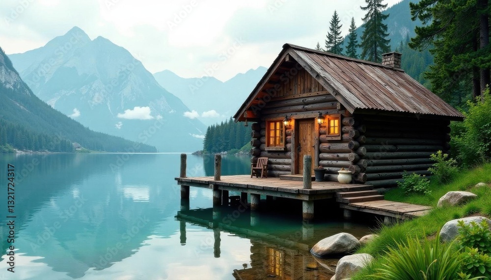 Fototapeta premium Rustic lakeside cabin, weathered wood, tranquil scene, cabin, getaway, landscape