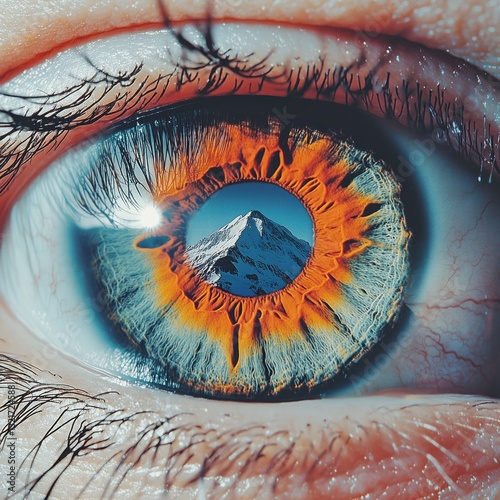 Close-up of human eye with vibrant orange and blue iris, reflecting snowy mountain landscape in pupil. Artistic visual of nature and human eye connection. photo