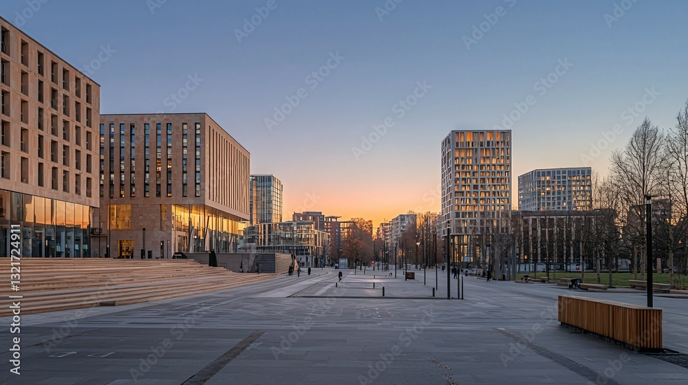 Fototapeta premium Modern Office in Evening Glow，modern city concept