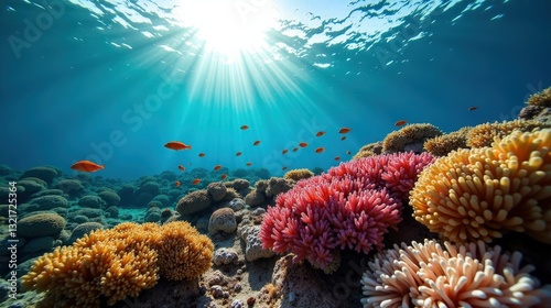 A vibrant coral reef bursting with colorful marine life, exotic fish weaving through intricate corals beneath crystal-clear tropical waters.
