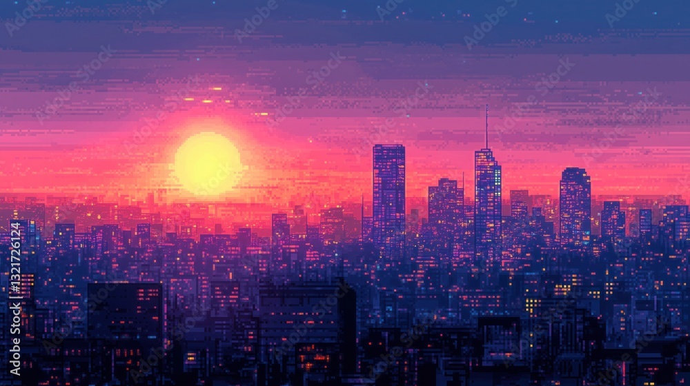 Obraz premium Pixel art cityscape at sunset with vibrant pink, purple hues and illuminated skyscrapers.