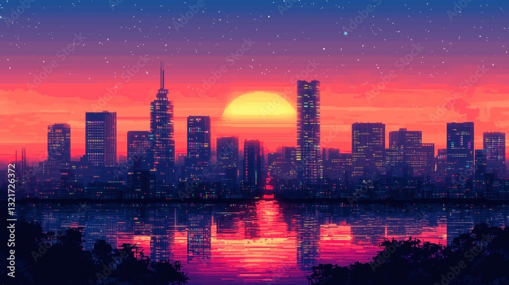 Obraz premium Pixel art cityscape at sunset with starry sky and reflective water, showcasing vibrant pink-orange hues and illuminated skyscrapers.