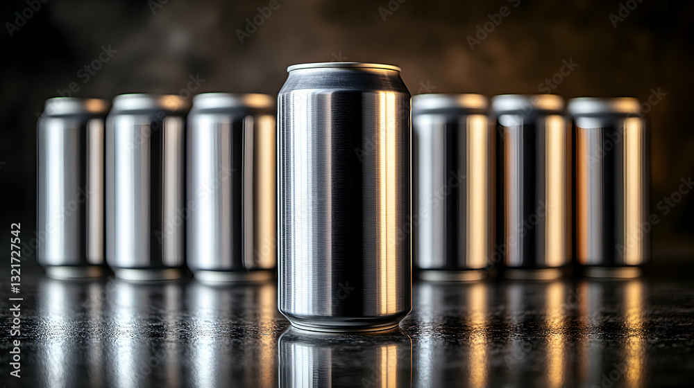 Row of Chilled Metal Aluminum Cans with Water Droplets Reflecting Light Against a Dark Moody Background Beverage Product Photography Row of Chilled Metal Aluminum Cans with Water Droplets Reflecting Light Against a Dark Moody Background Beverage Product Photography