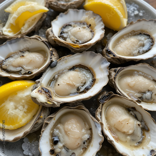 Freshly shucked oysters served with lemon wedges for a classic appetizer or snack