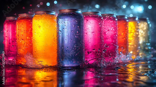 Row of Colorful Drink Cans with Splashing Water and Shimmering Light on a Dark Background for Festive Celebrations