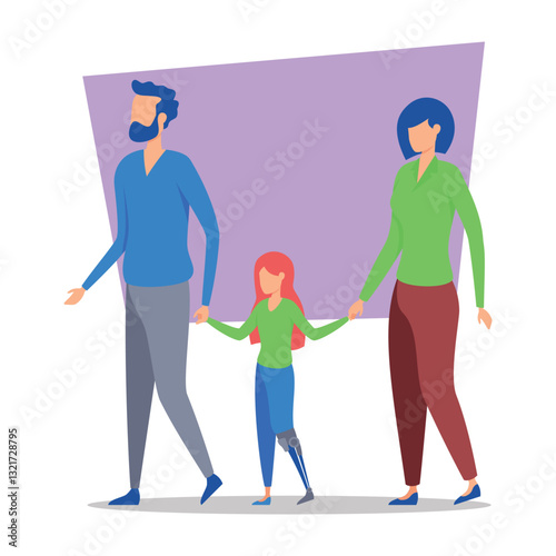 Family strolling hand in hand in vibrant setting. Child showing prosthetic leg, reflecting strength and support from both parents