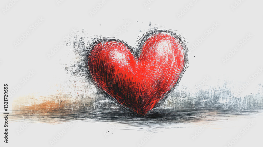 Fototapeta premium 3D red heart icon hand drawn on white background.