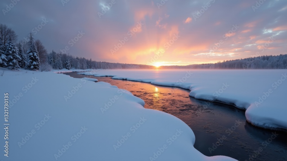 Obraz premium A frozen river winds through a snowy landscape, its icy surface shimmering in the soft golden glow of sunrise, a serene and tranquil winter scene.