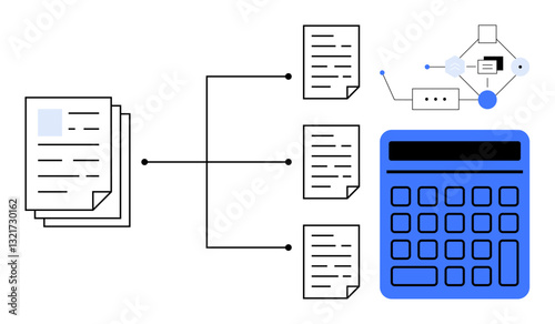 Stack of documents connected to multiple outputs, calculator, and process diagram. Ideal for automation, data management, accounting, finance, workflow, productivity flat simple metaphor