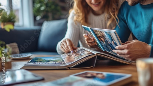 Couple looking at photo album together on a wooden table.