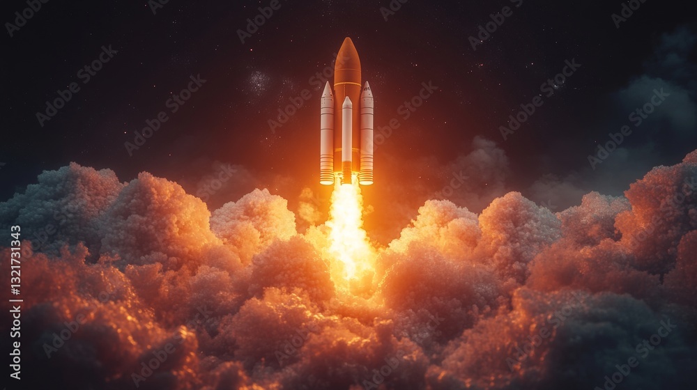 Fototapeta premium Powerful Space Rocket Launching Through Clouds at Night Dramatic Space Flight
