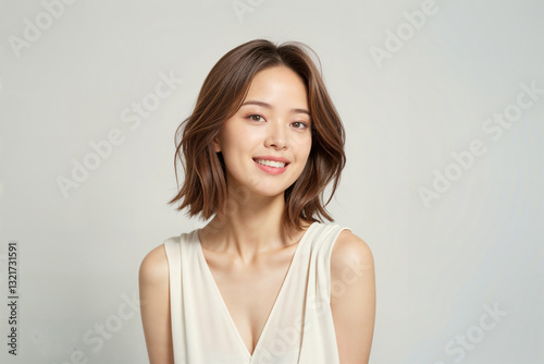 A woman with short brown hair and a white tank top is smiling