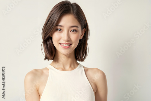 A woman with a short haircut and a white tank top is smiling